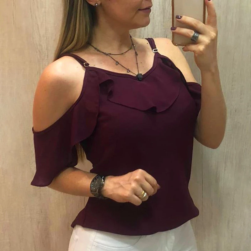 Off The Shoulder Ruffles Short Sleeve Blouse Women Summer Y2K Clothes Harajuku Plus Size Casual Spaghetti Strap Solid Shirts